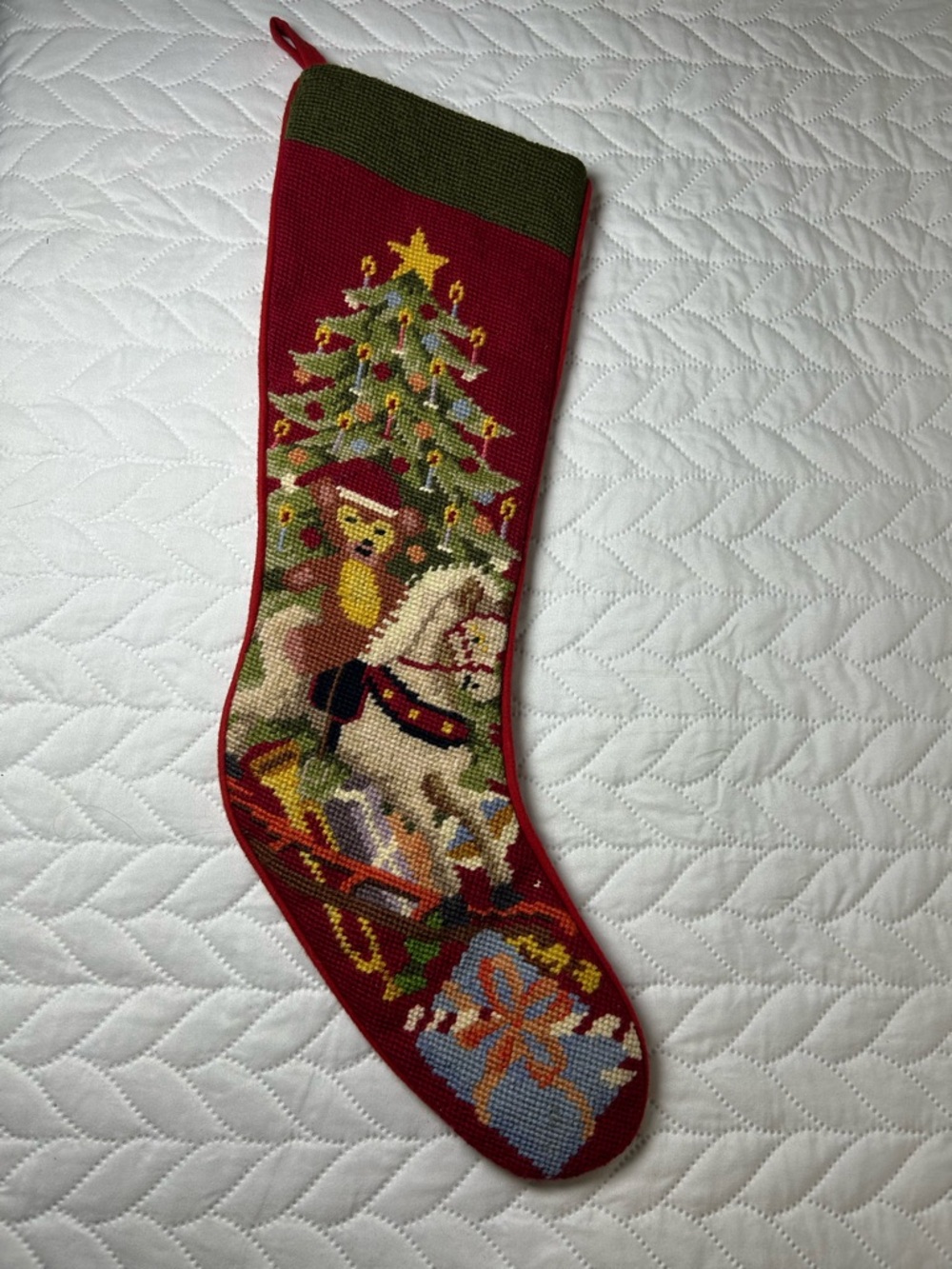 Vintage Needlepoint Christmas Stocking - Rocking Horse & Teddy Bear